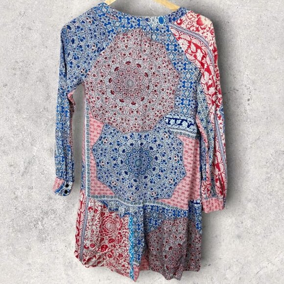 Sanctuary Bohemian Patchwork Print Blue Pink Long Sleeve Shift Dress Festival XS - Picture 5 of 13